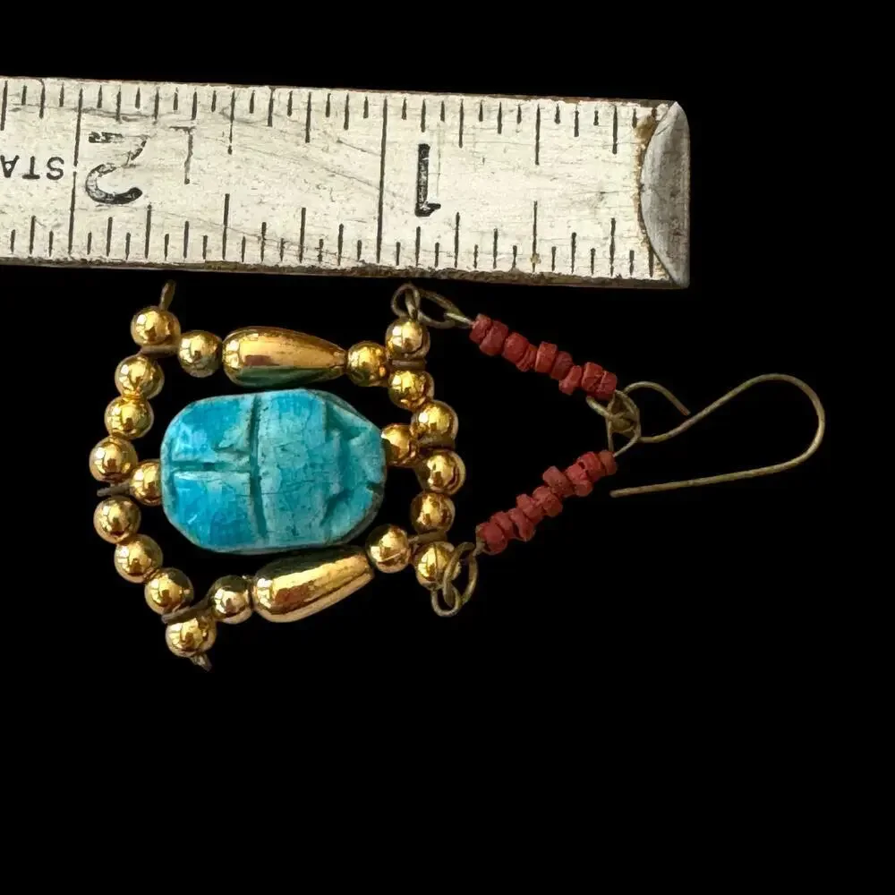 Vintage Multi-Strand Turquoise & Gold Tone Bead Necklace Hanging Scarab Earrings